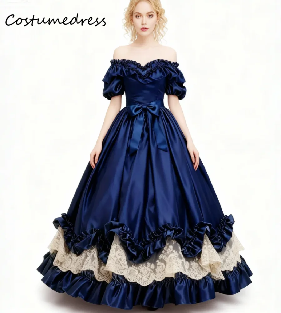 ヴィンテージネイビーコスチュームイブニングドレスレース付きエレガントオフショルダーサテンルネッサンスフェアプロムガウン農民フォーマルオケージョン