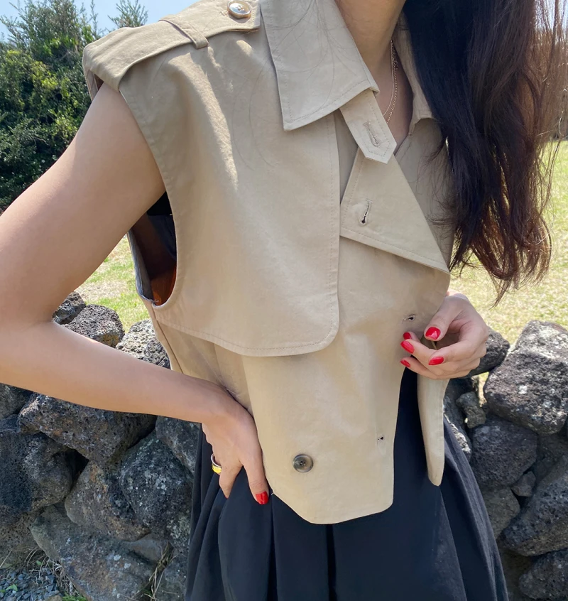 

Women's Svel Vest ort Loose Collar Double Button Cotton Workwear Sle Jaet Retro Flip Collar Commute Friendly