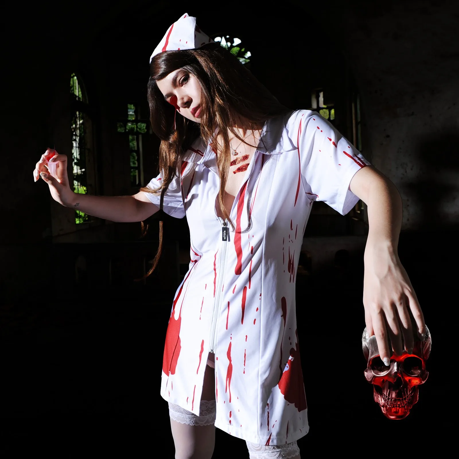 

New Halloween Horror Zombie Nurse Cosplay Costume For Women Sexy Bloody Vampire Ghost Bride Carnival Party Irregular Mini Dress