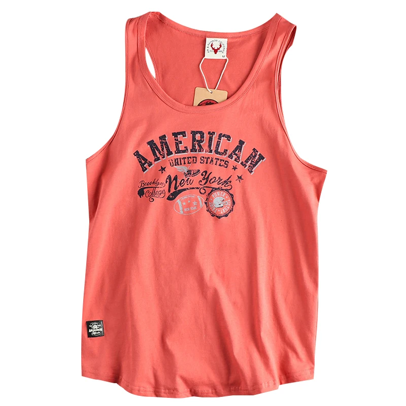 453# Summer New American Retro Sleeveless O-neck Letter Printed T-shirt Men\'s Fashion 100% Cotton Washed Casual Sports Vest Tops