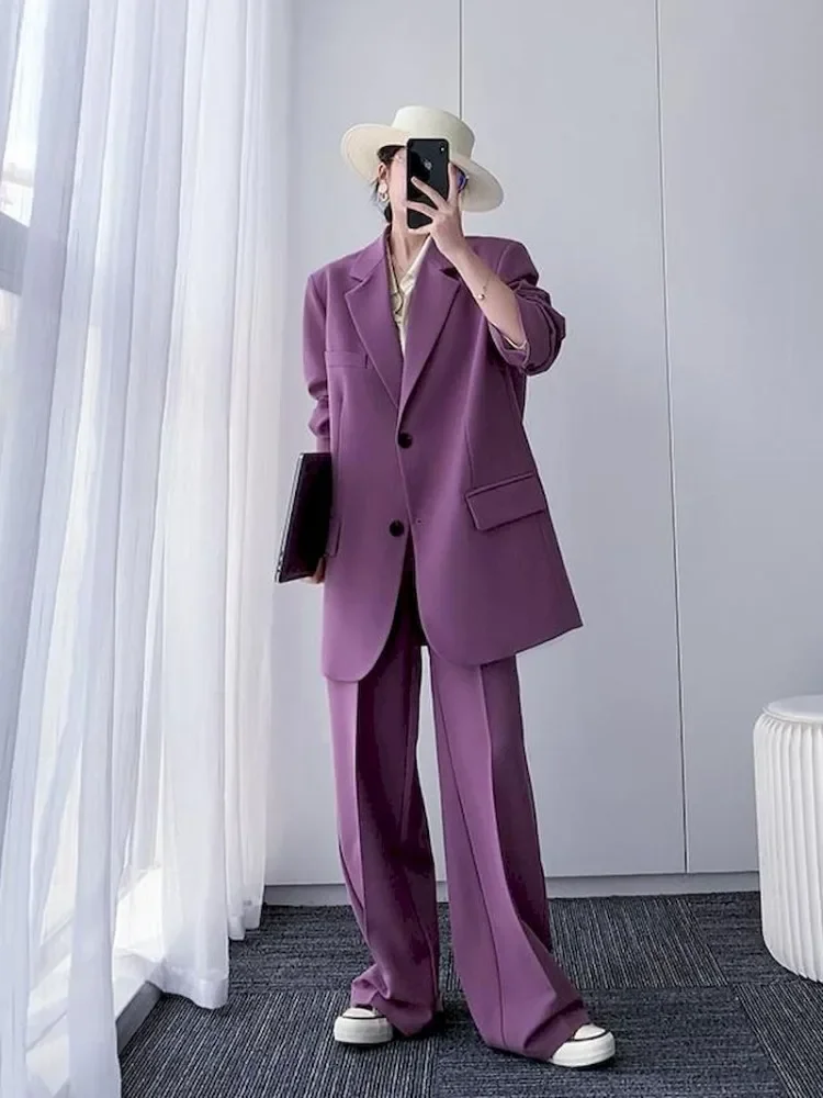 Insozkdg Purple Women Blazers Set 2023 Women\'s Office Suit Coat Vintage Long Sleeve Jacket Casual Female Tops + High Waist Pants