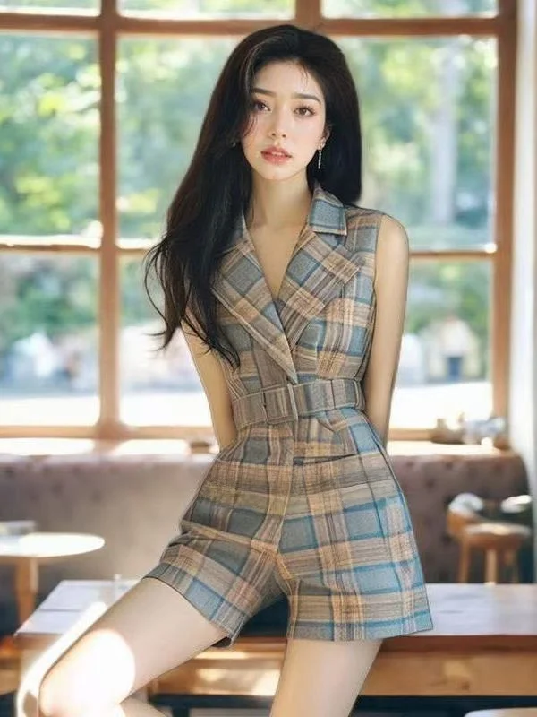 Été Plaid Svel Godd Sle Onesie trajet Faion taille haute ort pantalon femmes vêtements jambe droite pantalon