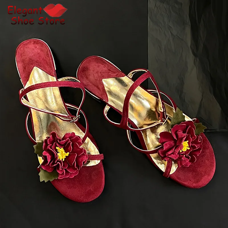 Red Flower Decor Suede Cross Strap Sandals Elegant Open Toe Ankle Buckle Thick Metal Heel Pumps Summer Party Banquet Dress Shoes