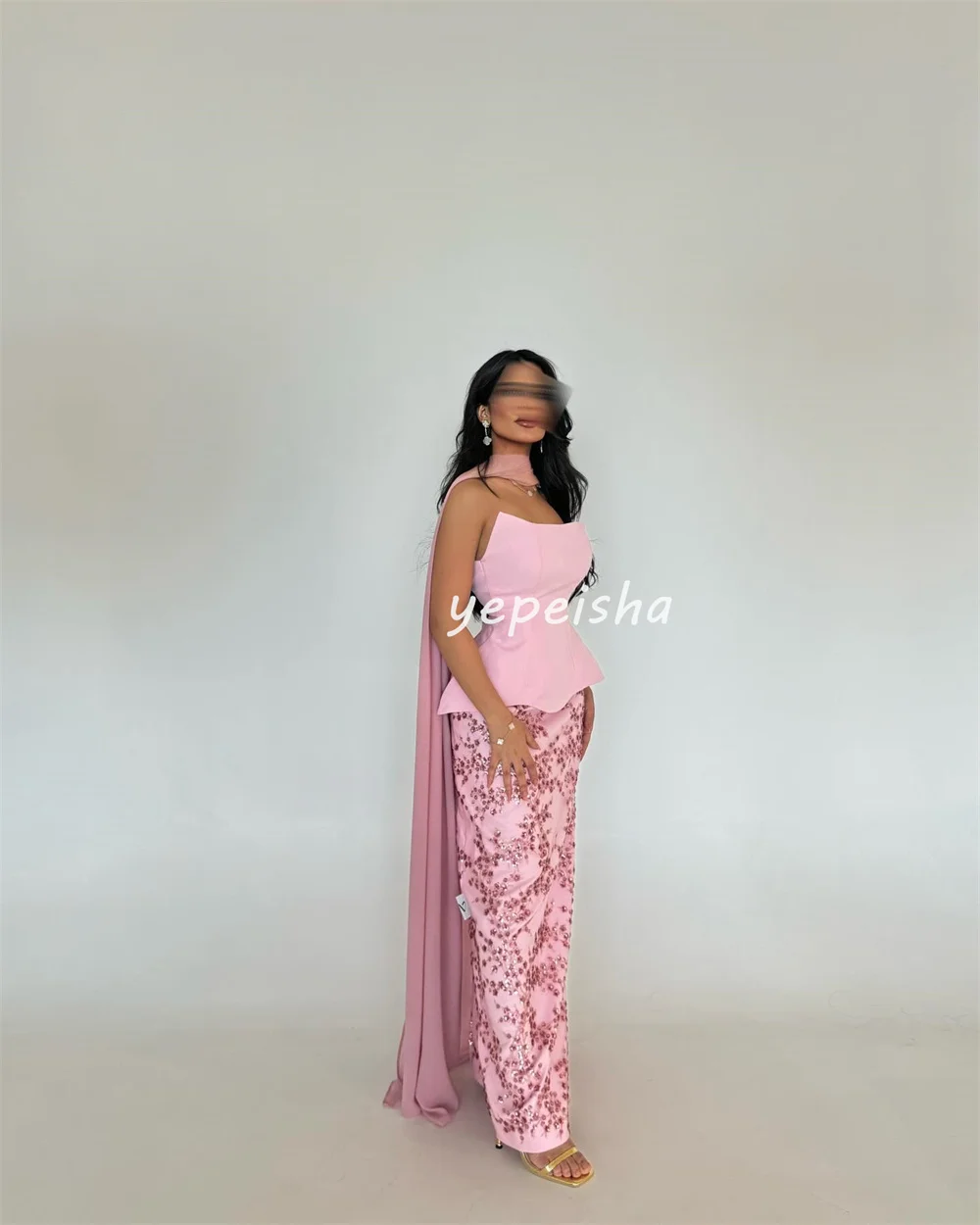 Customized Sexy Modern Style Jersey Pleat Flower Straight Strapless Long Dresses Bespoke Occasion Dresses Matching Exquisite