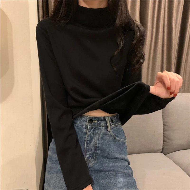 سليم صالح طويل Sve عالية Ne تي شيرت المرأة رقيقة Sle 2023 الخريف الشتاء جديد بسيط لون نقي قاعدة irt فام #3