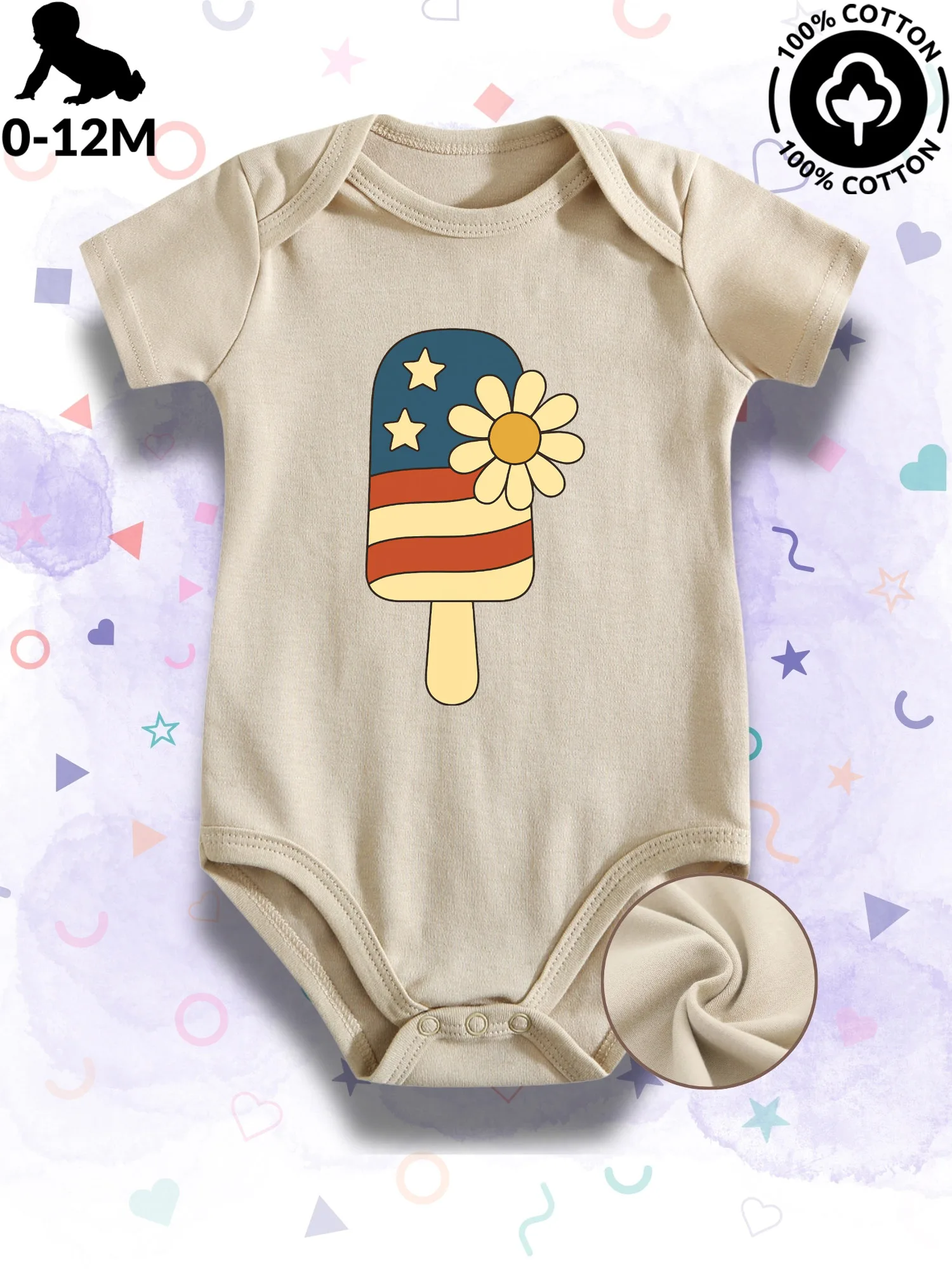 

July 4th Popsicle Unisex Baby Bodysuit, 100% Cotton Soft Onesie, All-Season Wear Beige Crawling Suit 190GSM