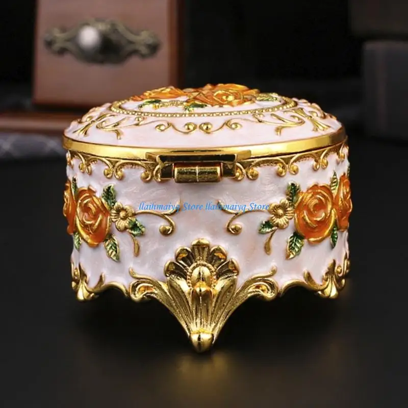 573B Antique Inspired Floral Enamel Jewelry Case Sturdy Metal Holder For Cosmetics And Accessories