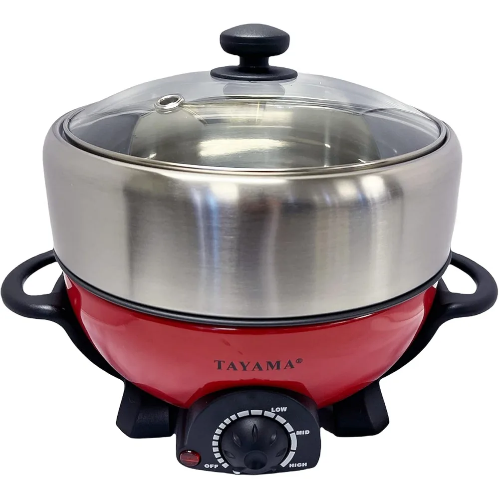 Shabu and Grill 3 Qt. Red Electric Multi-Cooker with Stainless Steel Pot, 3Qt