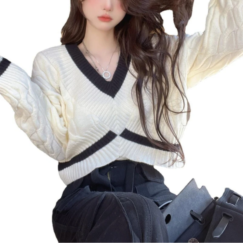 Maglione sexy per ragazza calda vento pigro maglione spesso T-shirt con scollo a V camicia di colore a contrasto autunno e inverno dolce abito da donna