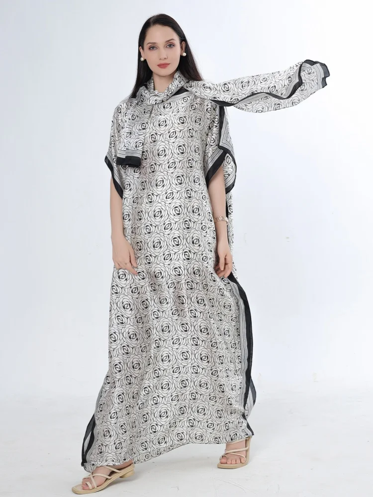 

Summer New Fashion African Dresses For Women Elegant Printed Silk Muslim Lady Long Hijab Kaftan Dress Oversize Kuwait Abaya