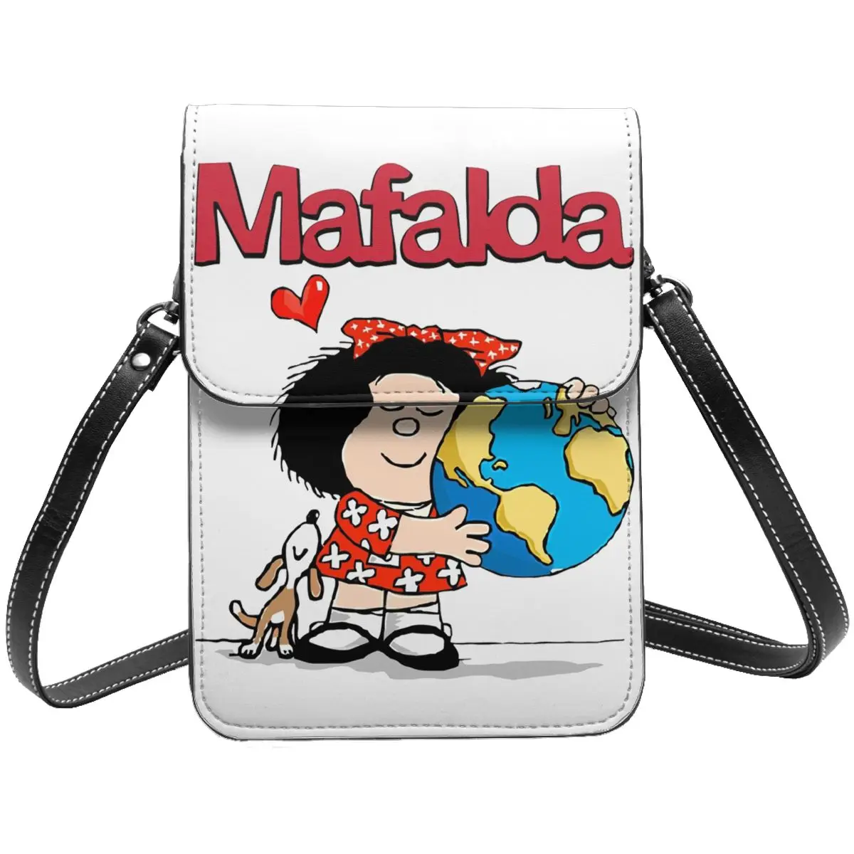 Mafalda غلوب الجلود الهاتف الخليوي محفظة البضائع العصرية للجنسين Mafalda العالم ولها جرو حقيبة كروسبودي حامل بطاقة المحمولة