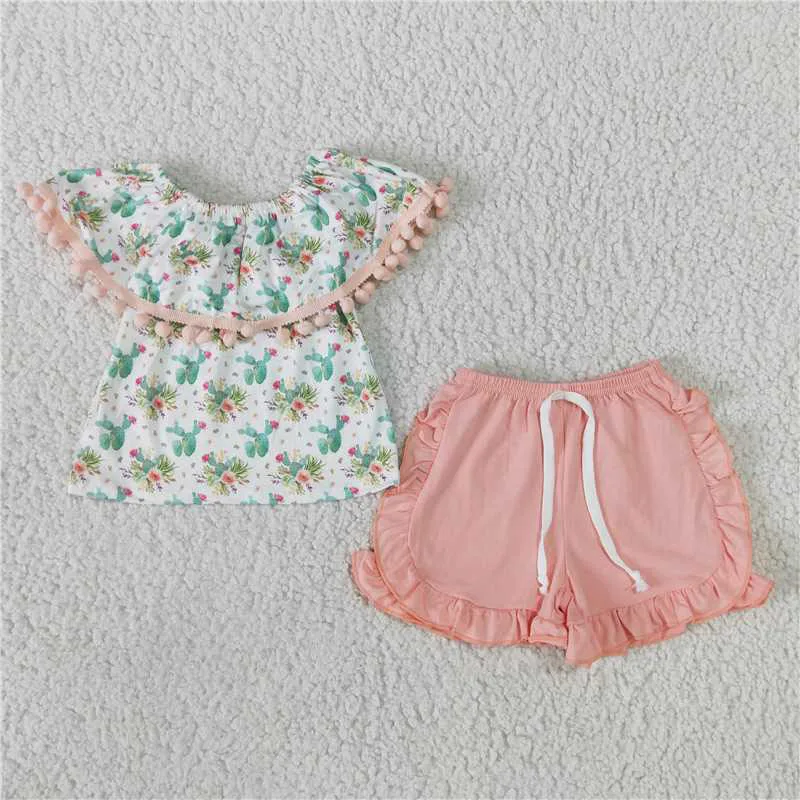 

New Summer Fashion Baby Girls Cactus One-Shoulder Pink Bow Shorts Suit Boutique Wholesale Kids Children Clothing Outfit