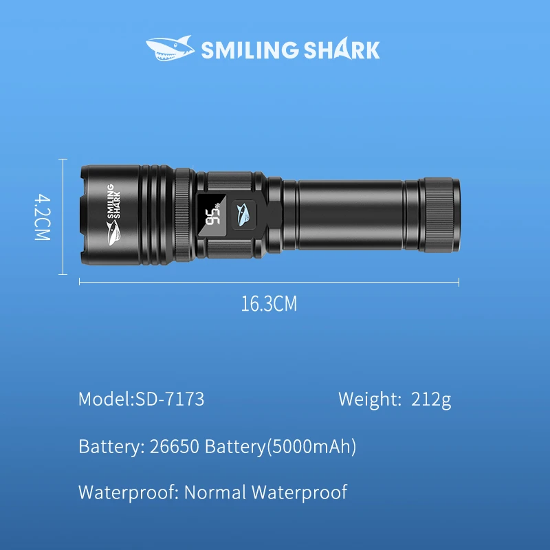 Smiling Shark SD7173 Super Bright M60 Flashlight,Rechargeable Zoomable Torch, 5000mAh,Power Display, for Outdoor Camping, Hiking