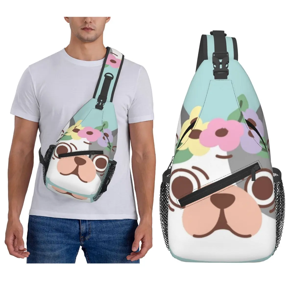 

French Bulldog And Flowers Chest Bag Men Sling Crossbody Backpack Chest Bag Traveling Hiking Daypack Shoulder Bag