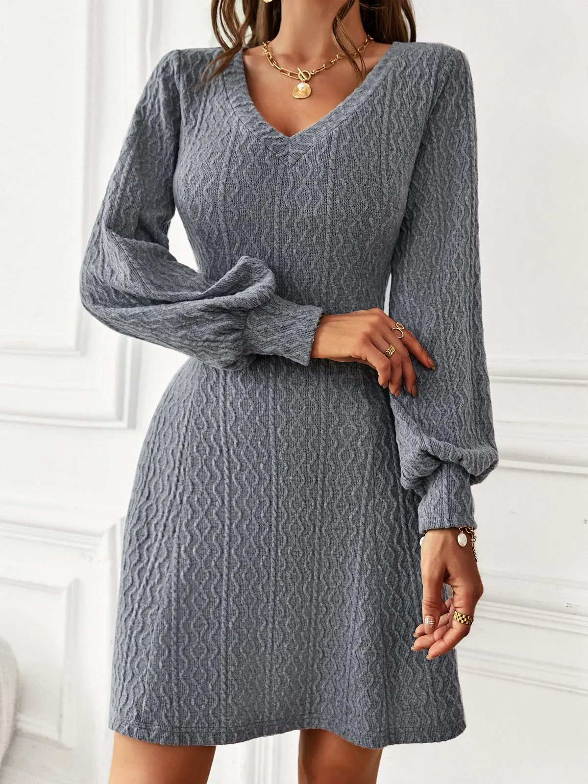 Msfilia Fashionabe V Neck Sexy High Waist Dress Women Autumn Winter Long Sleeve Solid Color Warm Elegant Dress