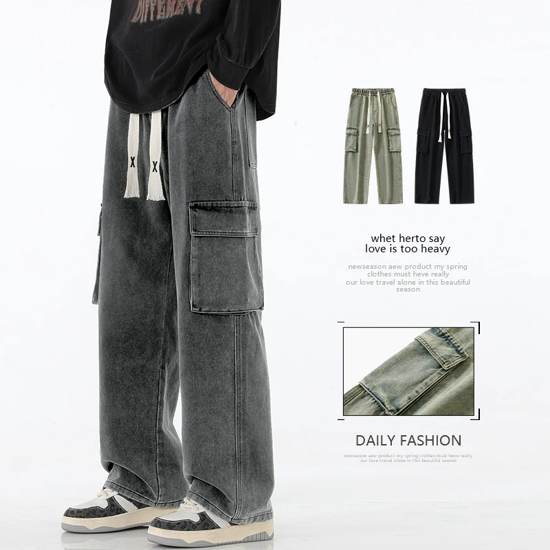 Men Vintage Washed Cargo Jeans Elastic Waist Drawstring Wide Leg Denim Pants Multi Pockets Loose Baggy Casual Streetwear Trouser
