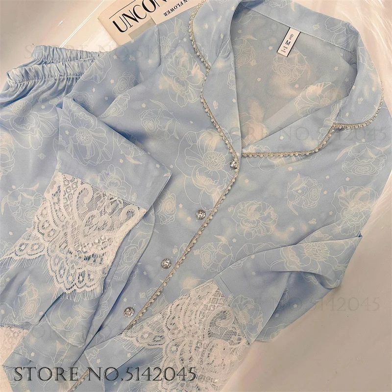 Luxury Silk Satin Female Pajamas Sleepwear 2PCS Set Fashion Bead Lace Home Clothing Trouser Suits Spring New Loose Lounge Wear