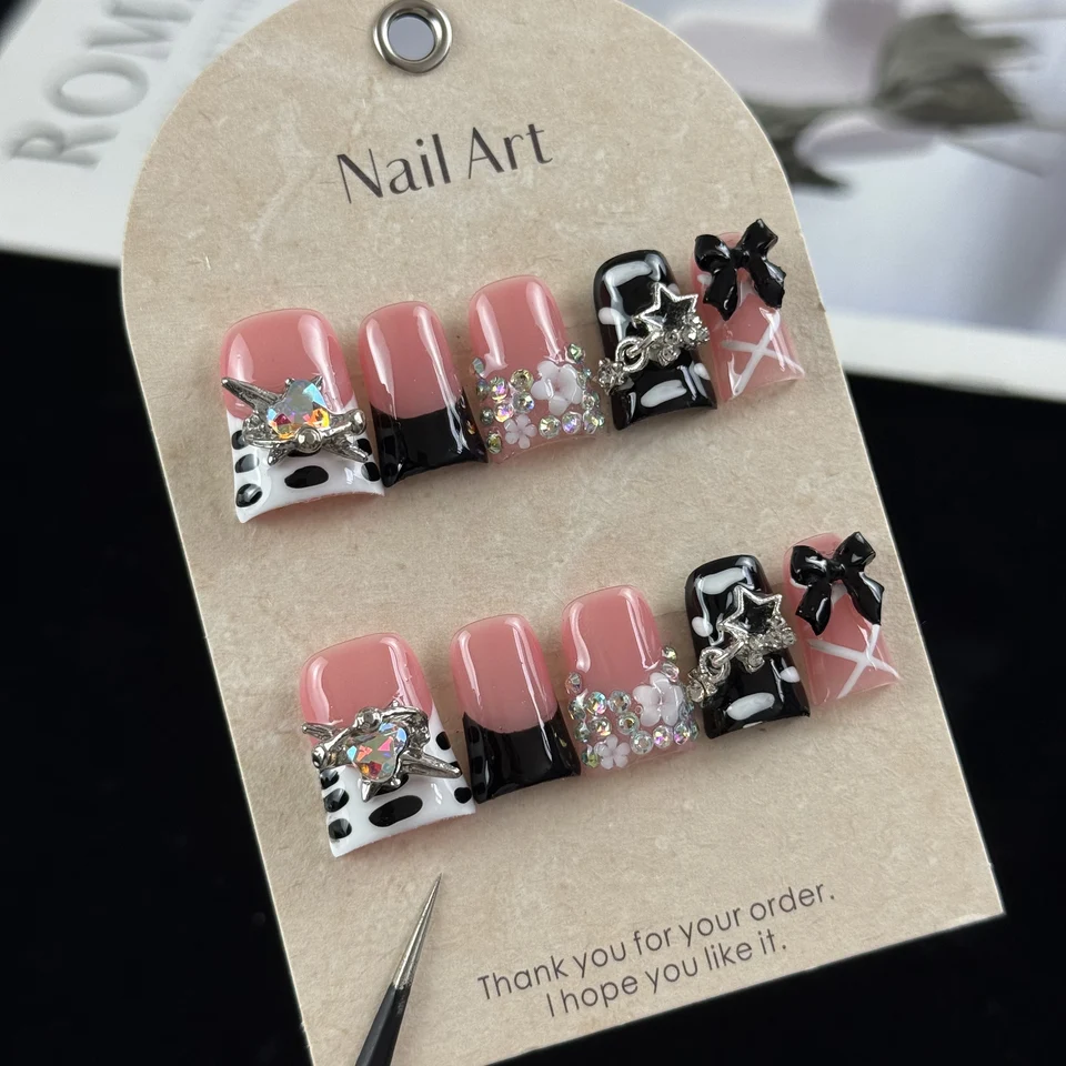 10 piezas de uñas postizas hechas a mano de alta gama, estilo dulce y cool, con lazos tridimensionales pintados a mano, estrellas y diamantes brillantes 4