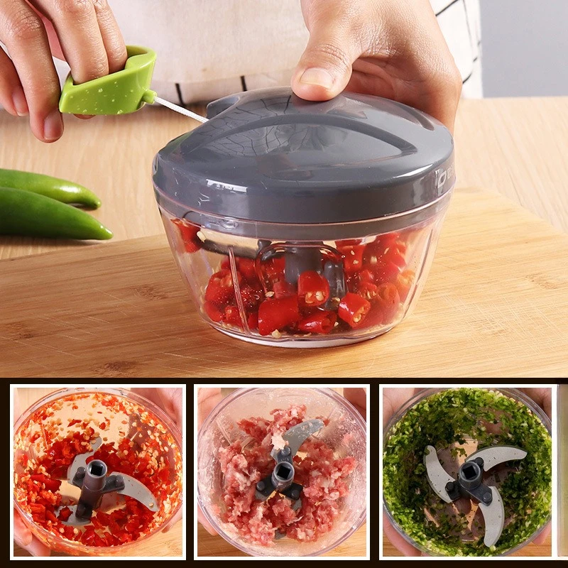 مفرمة يدوية 500/900 مل، مفرمة لحم، محضر طعام دوار، سهل السحب، شفرة حادة، بصل، بيضة، ميلك شيك، أداة صغيرة للمطبخ