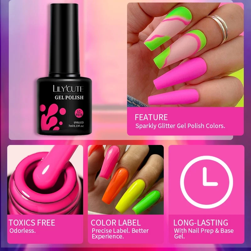 LILYCUTE-Esmalte Neon Fluorescente em Gel, Vernis Glitter, Semi Permanente, Mergulhe, Nail Art, LED UV, Vernizes para Manicure, 7ml