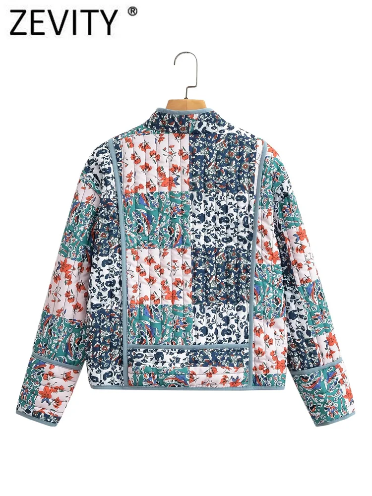 ZEVITY Women Vintage Cloth Patchwork Floral Open Stitch Quilted Cotton Padded Jacket Female Chic Retro Short Coat Tops CT5796