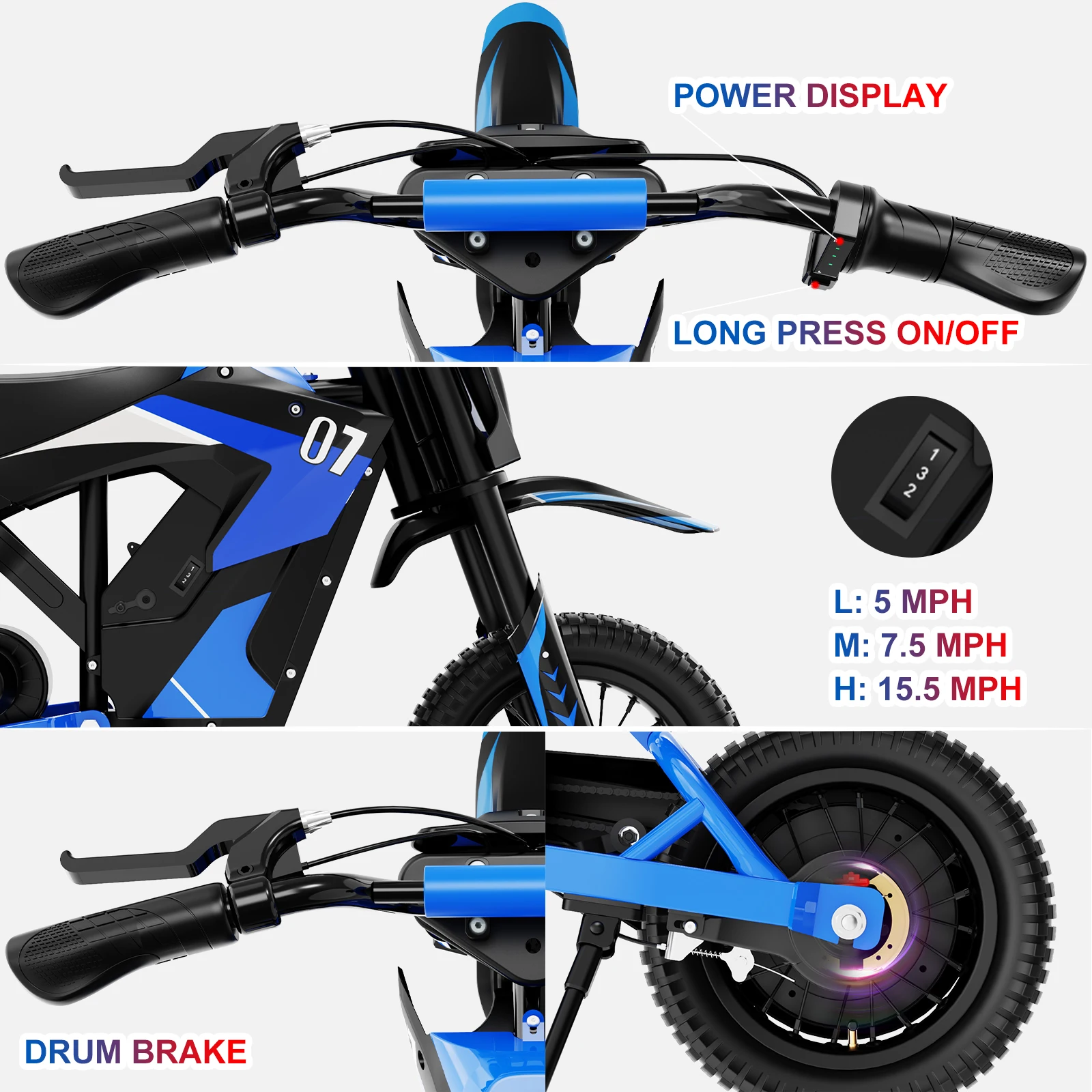 Moto Électrique Personnalisée pour Enfant, Entrepôt, 3 Vitesses, 8Kmh, 12 Kmh, 25Kmh, 12 Pouces, 4Ah, 36V