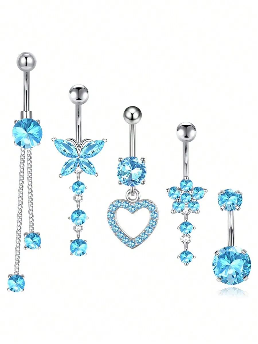 

5pcs Stainless Steel Navel Rings Set With Blue Crystal Butterfly, Heart, Flower, And Chain Dangle Charms For Women