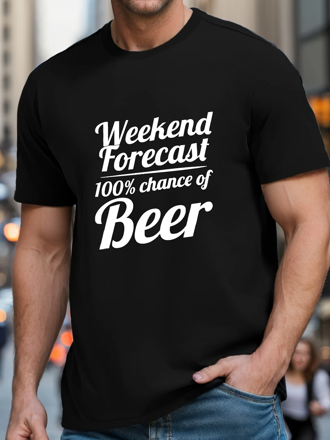 Men's Funny Beer Lover T-Shirt - Weekend Forecast 100% Chance of Beer Graphic Tee - Black with White Text - Soft Breathable Cotton Crew Neck Shirt for Weekend Parties, Barbecues & Casual Outfits - Machine Washable Everyday Essential