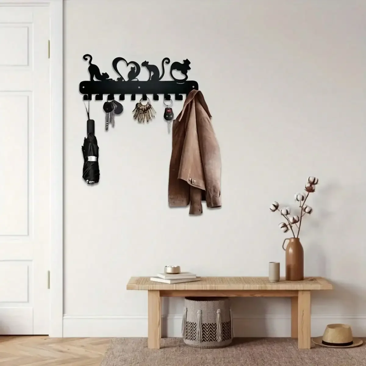 Wall‑Mounted Metal Key Holder & Hook with Cute Paw Prints,2D Flat Laser‑Cut Silhouette,Decorative Coat Hat Rack Wall Mural