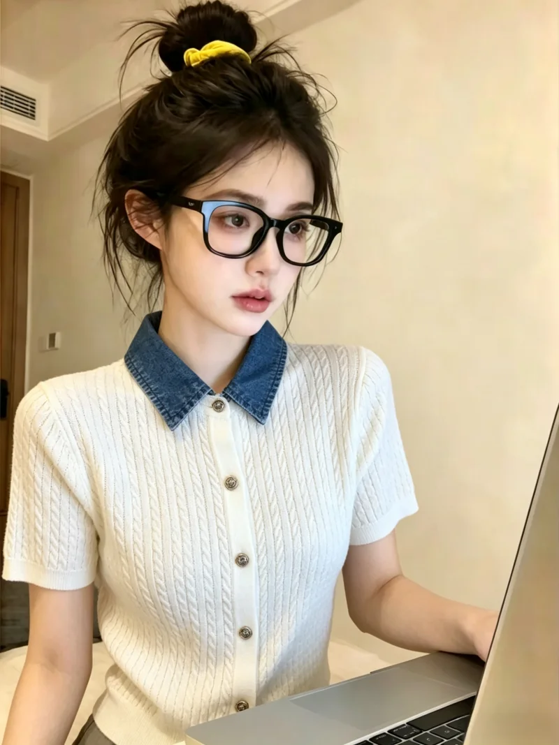 

Korean Style Self-Kept Denim Patchwork Knitted Cardigan Women's Summer Fashion Versatile Top Button Closure Short Sleeve ...