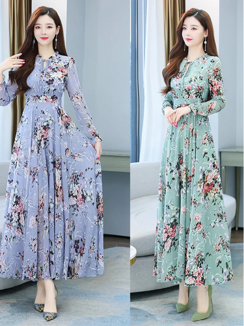 

Spicy Mom Dress Chiffon Moms Korean Edition New Autumn and Winter Fragmented Flower Long Style New Long sleeved Medium Long UAFP