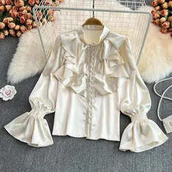 Vintage Elegant Blouses Women Stand Collar Flared Sleeve Satin Pleated Ruffle Shirt Chic Loose Office Lady Style Button Tops