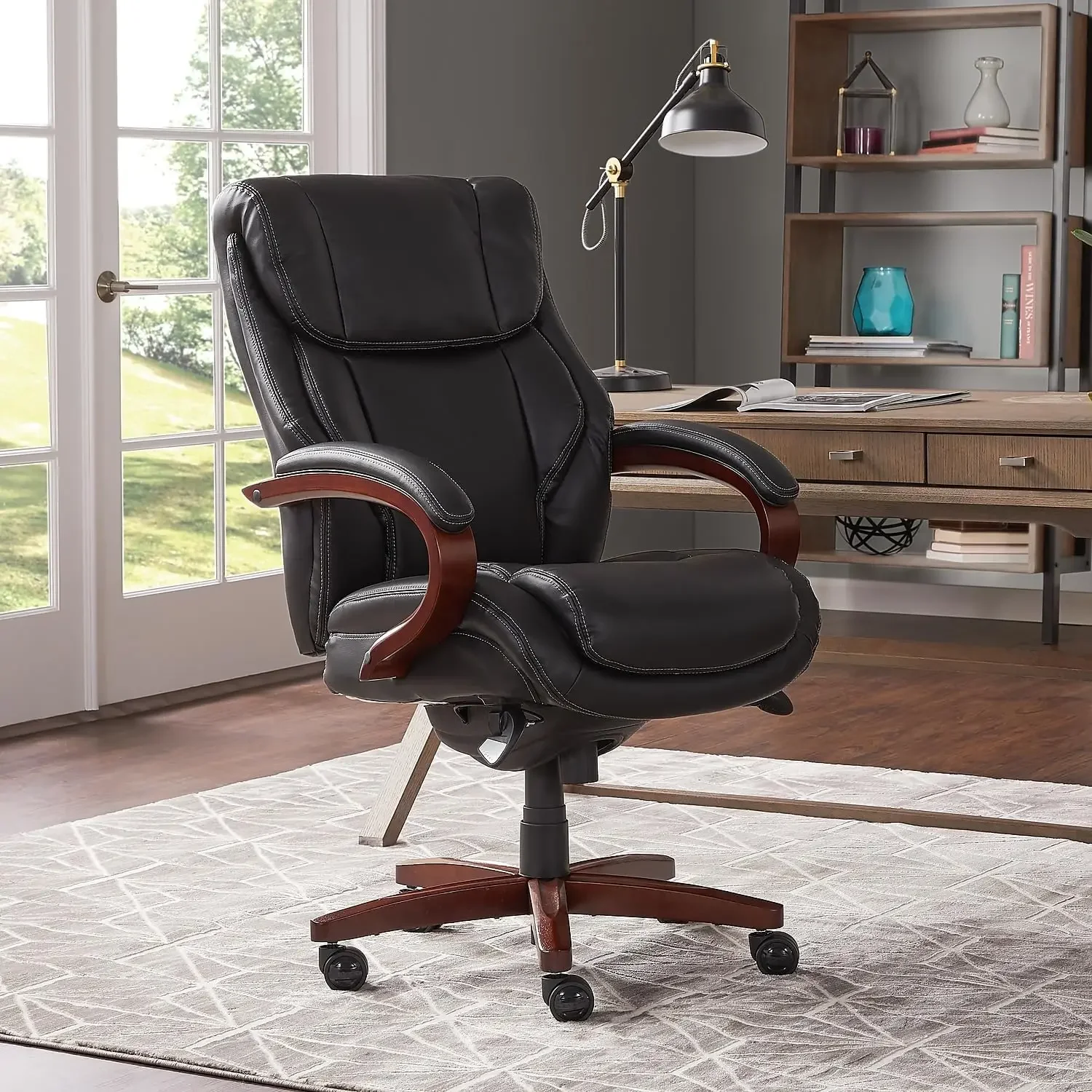 La-Z-Boy Bellamy Executive Office Chair with Memory Foam Cushions, Solid Wood Arms and Base, Waterfall Seat Edge