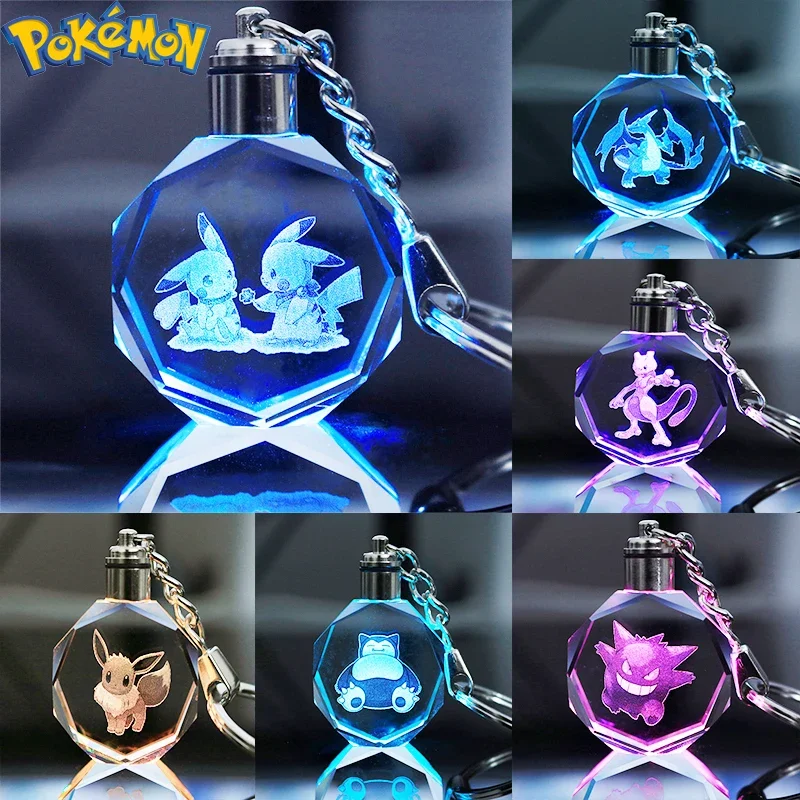 Llavero luminoso de cristal de Pokémon, figura de Anime, Pikachu, Charizard, Mewtwo, Eevee, accesorios colgantes, juguetes para niños, regalos de