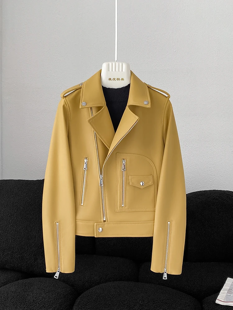 Women Leather Jacket Short Spring Trendy Handsome Motor Biker Genuine Sheepskin Zipper Pockets Coat Plus Size