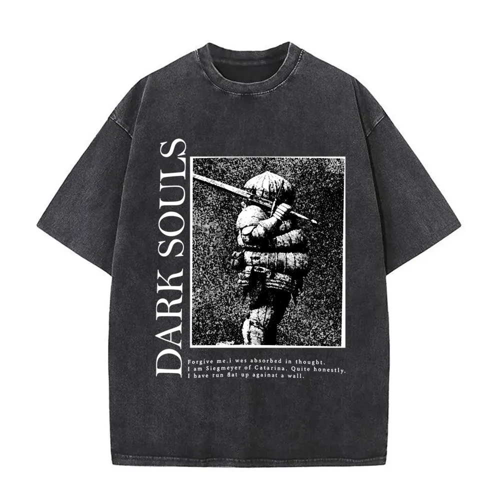 

Washed Vintage Game Dark Souls Siegmeyer of Catarina Graphic T-shirt Men 90s Gothic Rock T-shirts Men's Punk Oversized T Shirts
