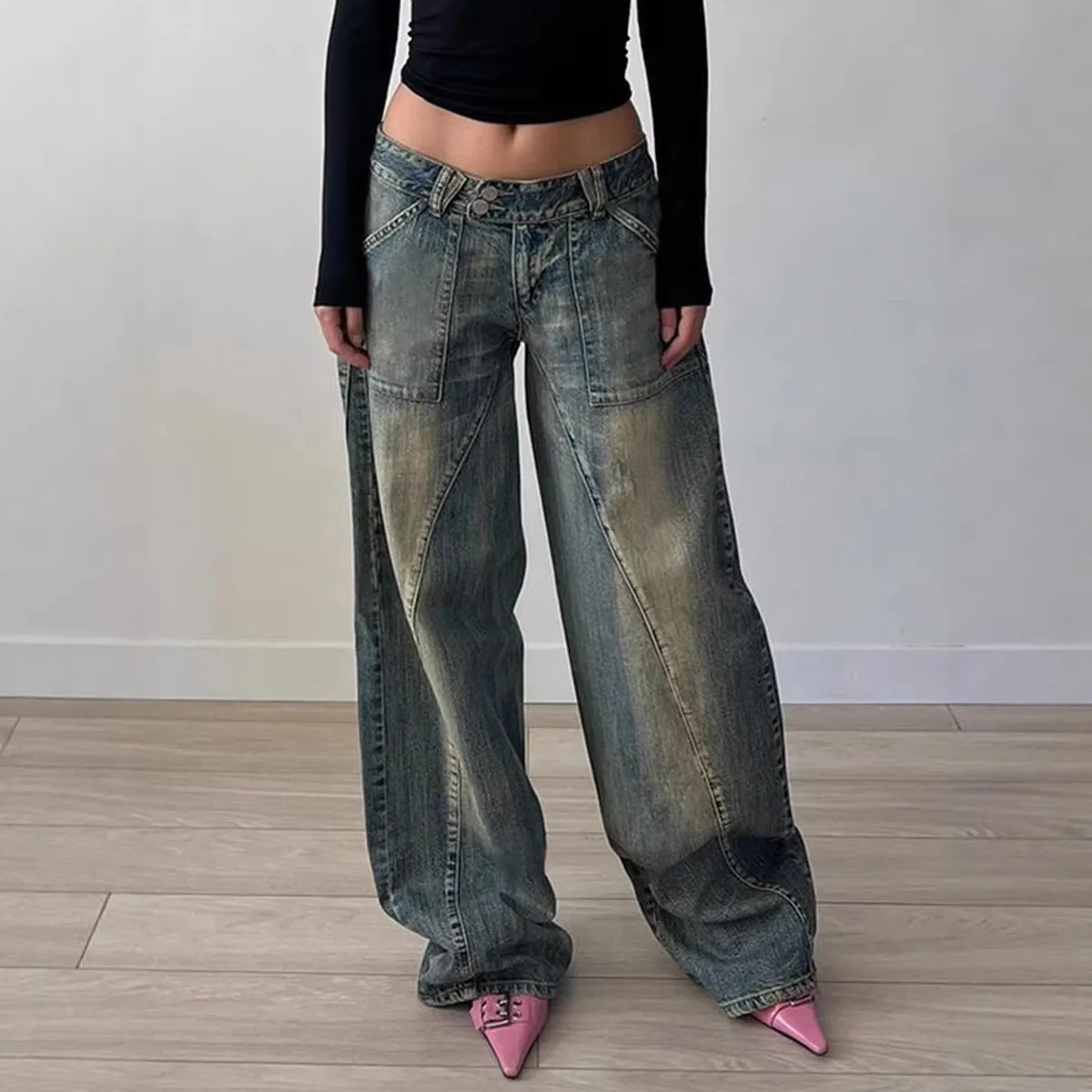Women's Y2K Baggy Mid Waist Loose Fit Straight Leg Washed Distressed Cotton Long Denim Jeans for Women with Faded Blue Wide Leg