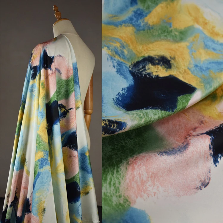 150x50cm Advanced Chinese style blue-green ink wash blend printing simulation silk fabric chiffon sleepwear skirt qipao fabric