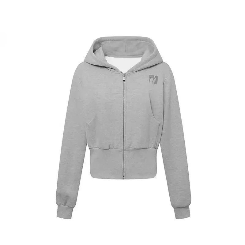 Deeptown Vintage Grey Zipper Hoodies Women Korean Style Casual Short Hooded Sweatshirts Harajuku Retro Classic Hoodies Street