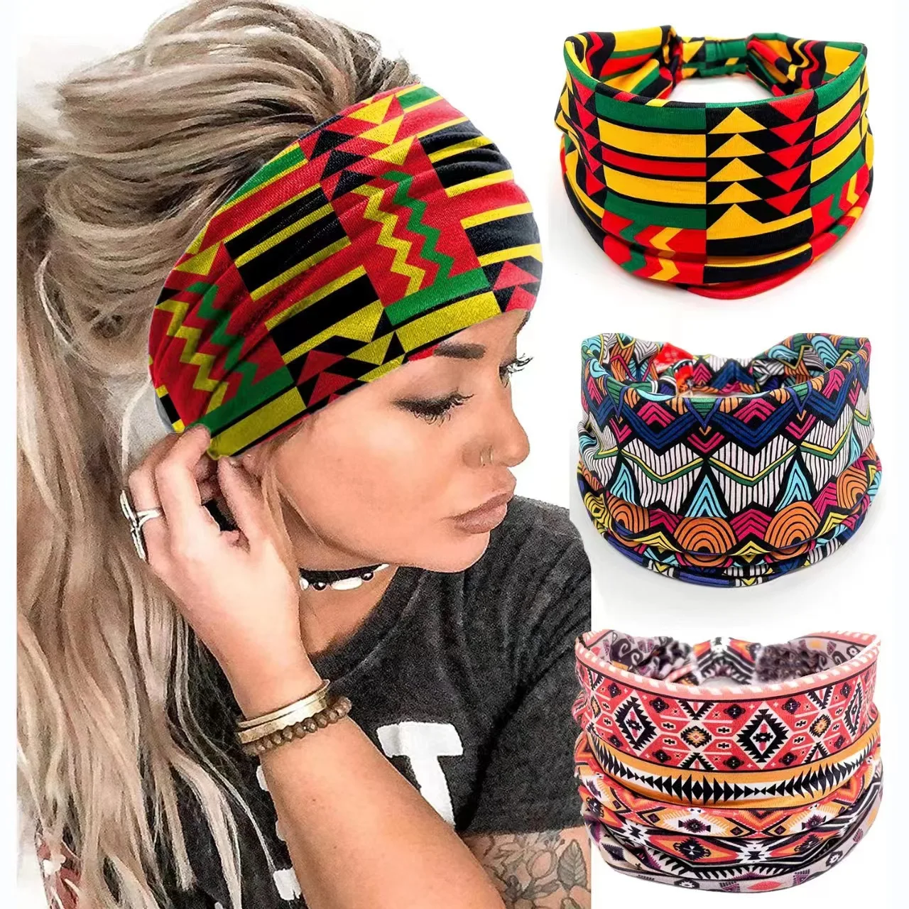 

Yoga Cotton Stretch Headband African Pattern Print Twist Style Elastic Hair Band Wide Hairbands Bandana Turban Knot Headwrap DIY