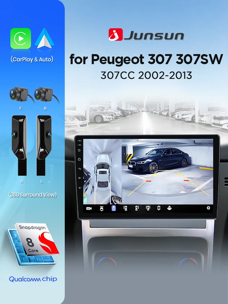 Junsun 360 °   Panoramakamera 8-Kern-Autoradio für Peugeot 307 307CC 307SW 2002-2013 Kabelloses CarPlay Android Auto GPS Navi 2 Din