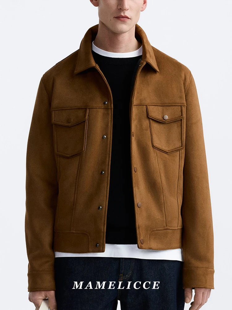 

MAMELICCE Original design Faux Suede Jacket Short Men's Casual Outerwear Vintage color turn-down collar jackets coats