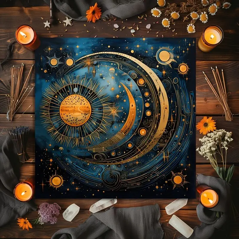VIKAMA Blues Gilded Sun Moon Star Tarot Tablecloth Mystical Divination Altar Cloth Ceremony for Spiritual Room Decor