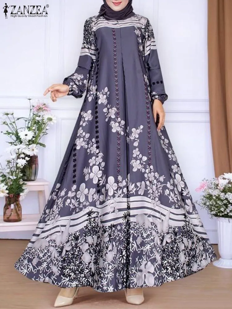 Bohemian Autumn Floral Printed Muslim Dress Abaya Fashion Long Sleeve O Neck Vestidos Robe ZANZEA Dubai Turkey Maxi Sundress