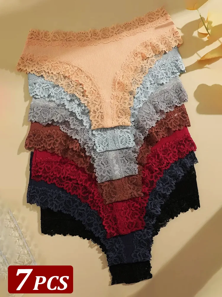 New 7Pcs Sexy Women Cotton Brazilian Pants Lace Brazilian Briefs Low Waist Floral Solid Color G-string Breathable Soft Lingerie