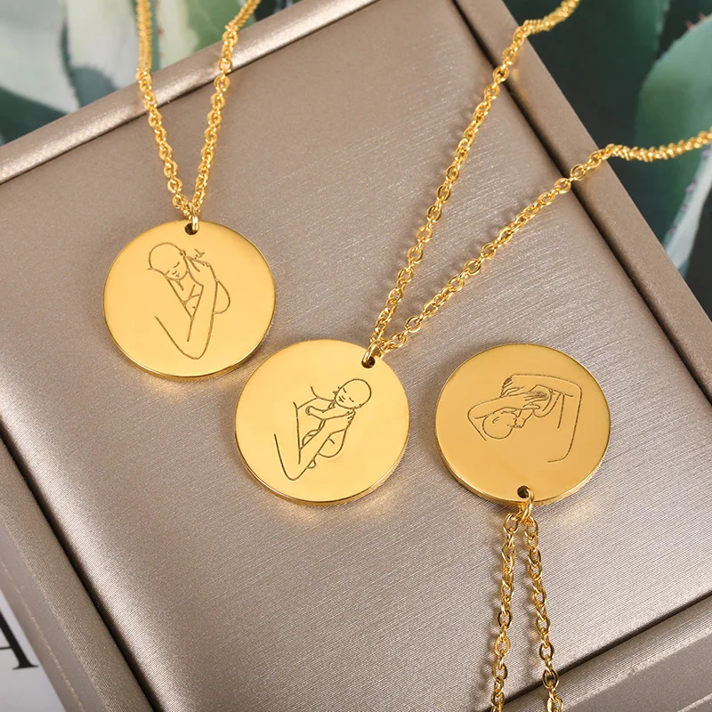 Stainless Steel Mother's Day Necklace For Women Round Mama Baby Nameplate Pendant Choker Necklaces Festival Jewelry Gift 2024