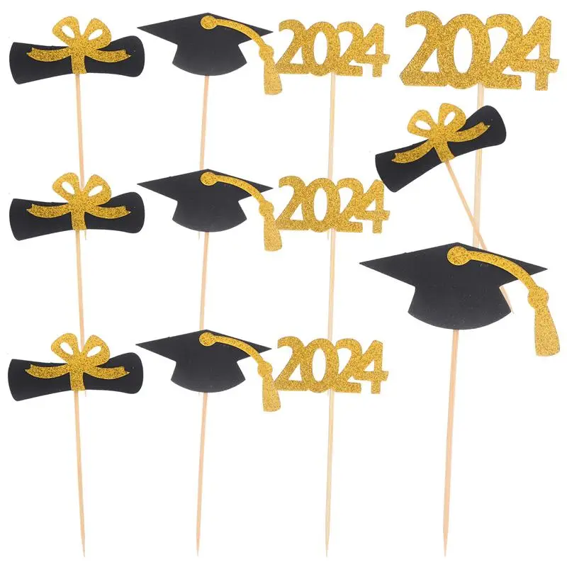 12 Stuks 2024 Afstudeerpapier Cupcake Toppers Decoratieve Cupcake Afstuderen Cake Picks Cake Decors Voor Afstudeerfeest 2024