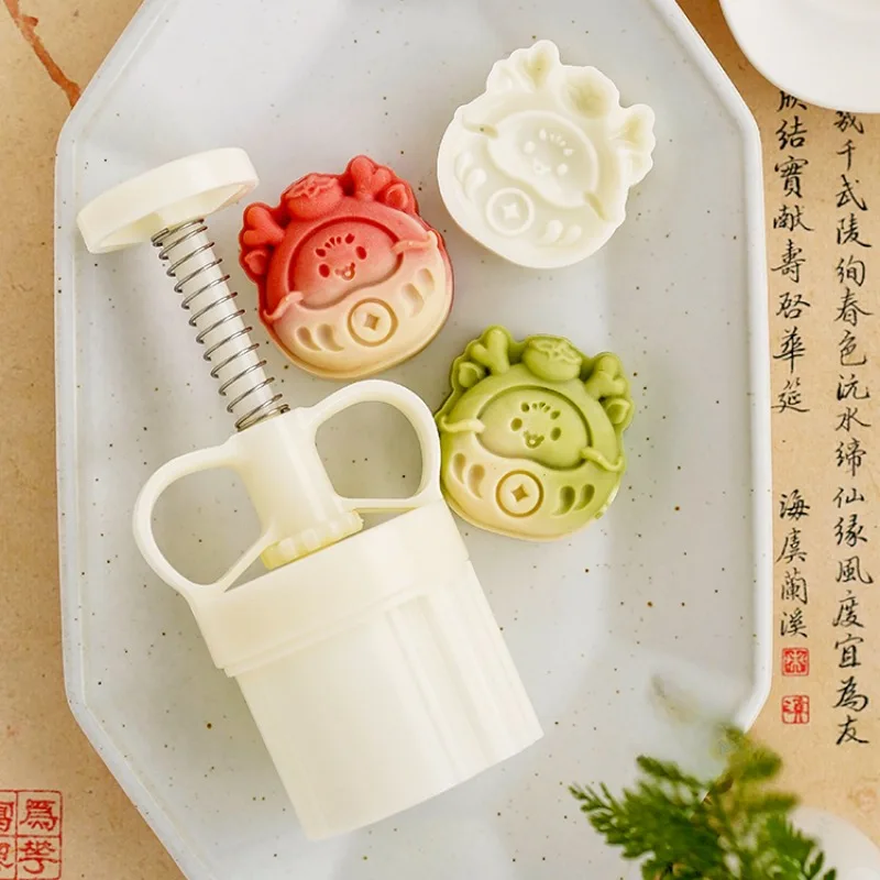 Dragon Baby Mooncake Press Mold 3D Cute Dragon Year Hand-pressed Stamp with Flower Cookie Cutter Dessert Pastry Decoration Tools