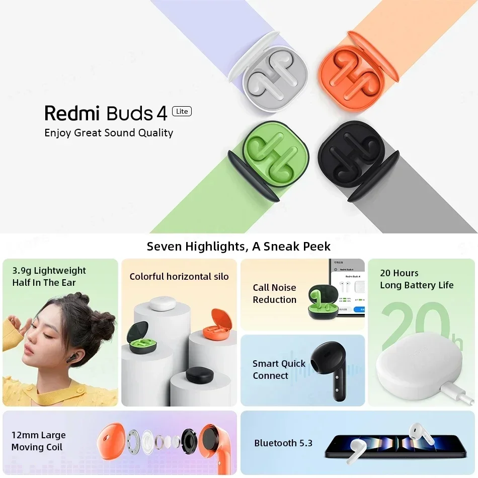 Xiaomi Redmi Buds 4 Lite Wireless Headphones Noise Cancelling Headphones Battery Life Long Buds 4 Teen Edition Headphones