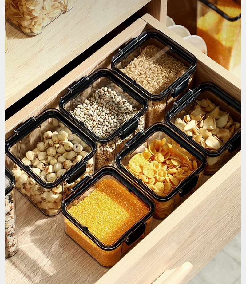 Plastic Storage Box Transparent Food Storage Containers Cereal Dispenser Spice Jars Refrigerator Kitchen Organizers for Pantry